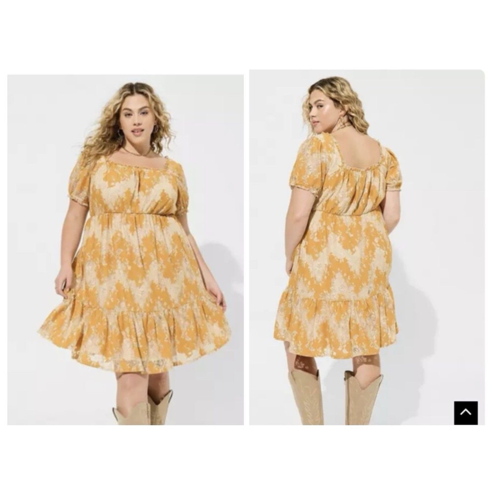 Torrid Mini Two Tone Lace Tiered Boho Coquette Babydoll Dress Yellow 1X 14 16